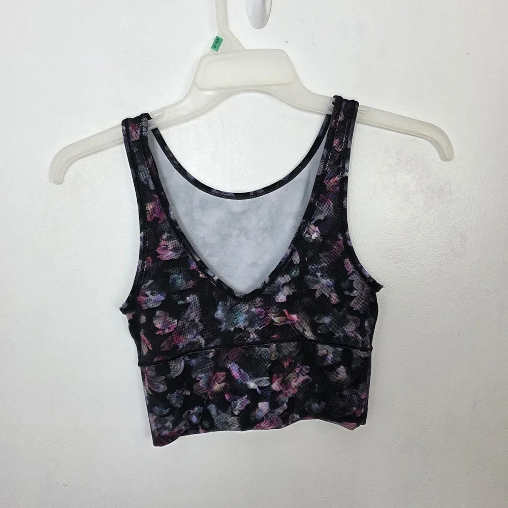 Lululemon Black‎ Purple Floral Cropped Fitness Power Pivot Tank Top Size XS